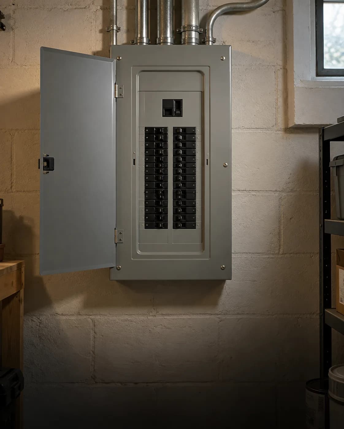 Illustration: a modern 200-amp residential load centre on a utility-room wall, its dead-front fitted and conduit entering from above.