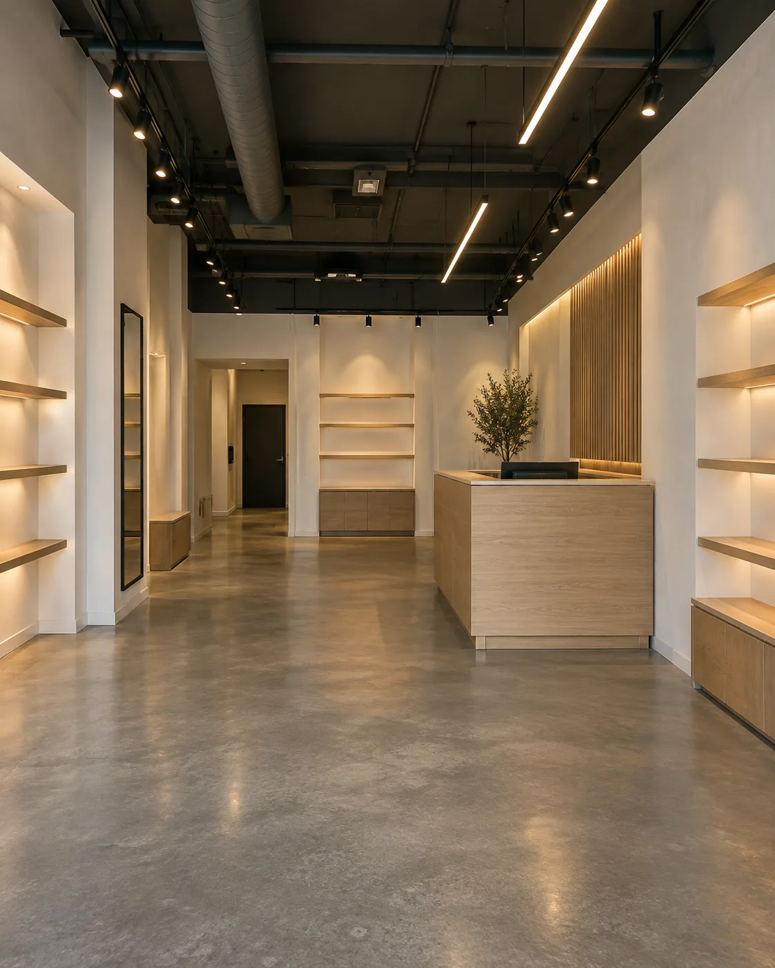 Illustration: a small retail unit fitted out with track lighting and linear fixtures, ready for a tenant.