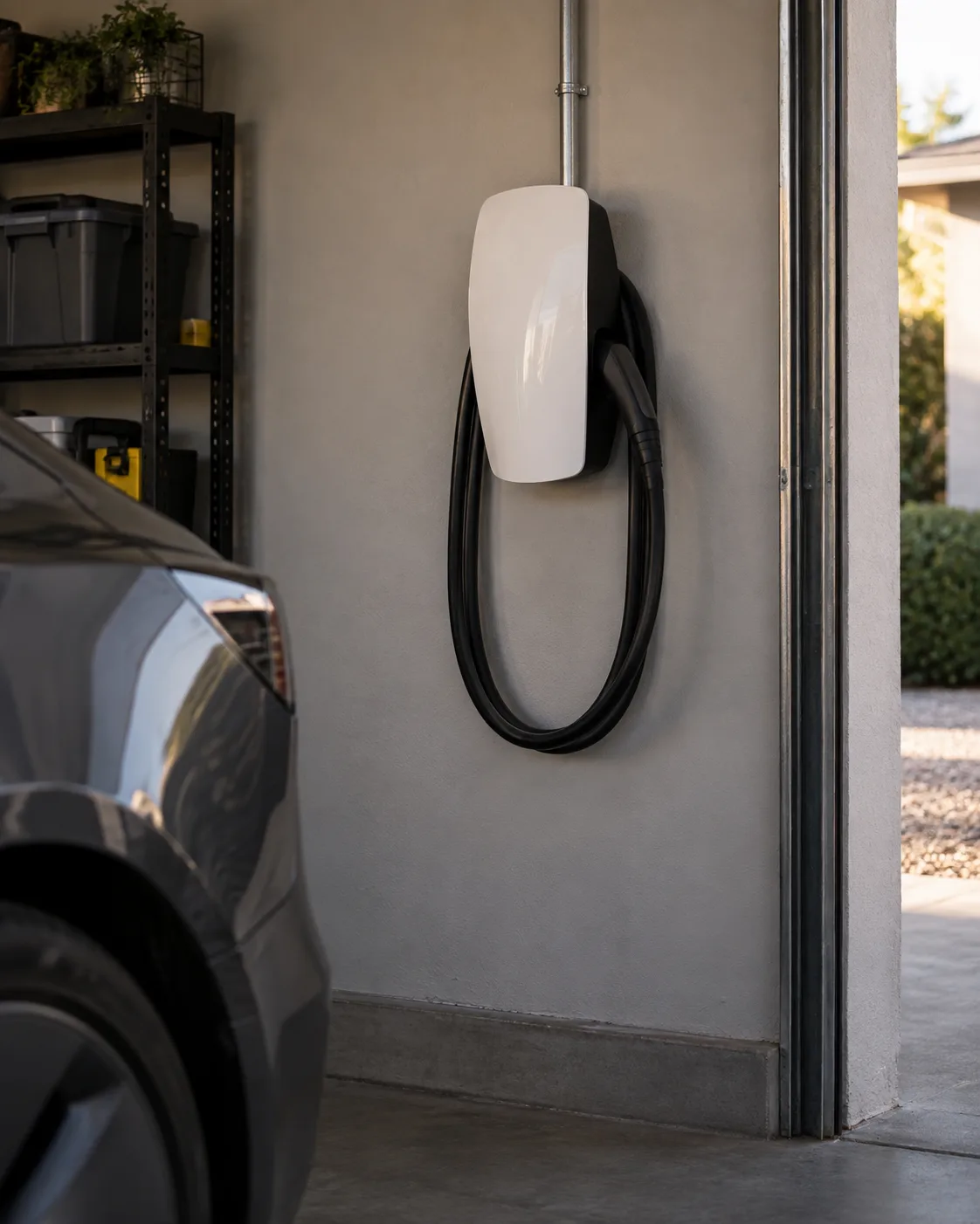 Illustration: the same wall with a wall-mounted charger fitted, its cable coiled and the connector docked.