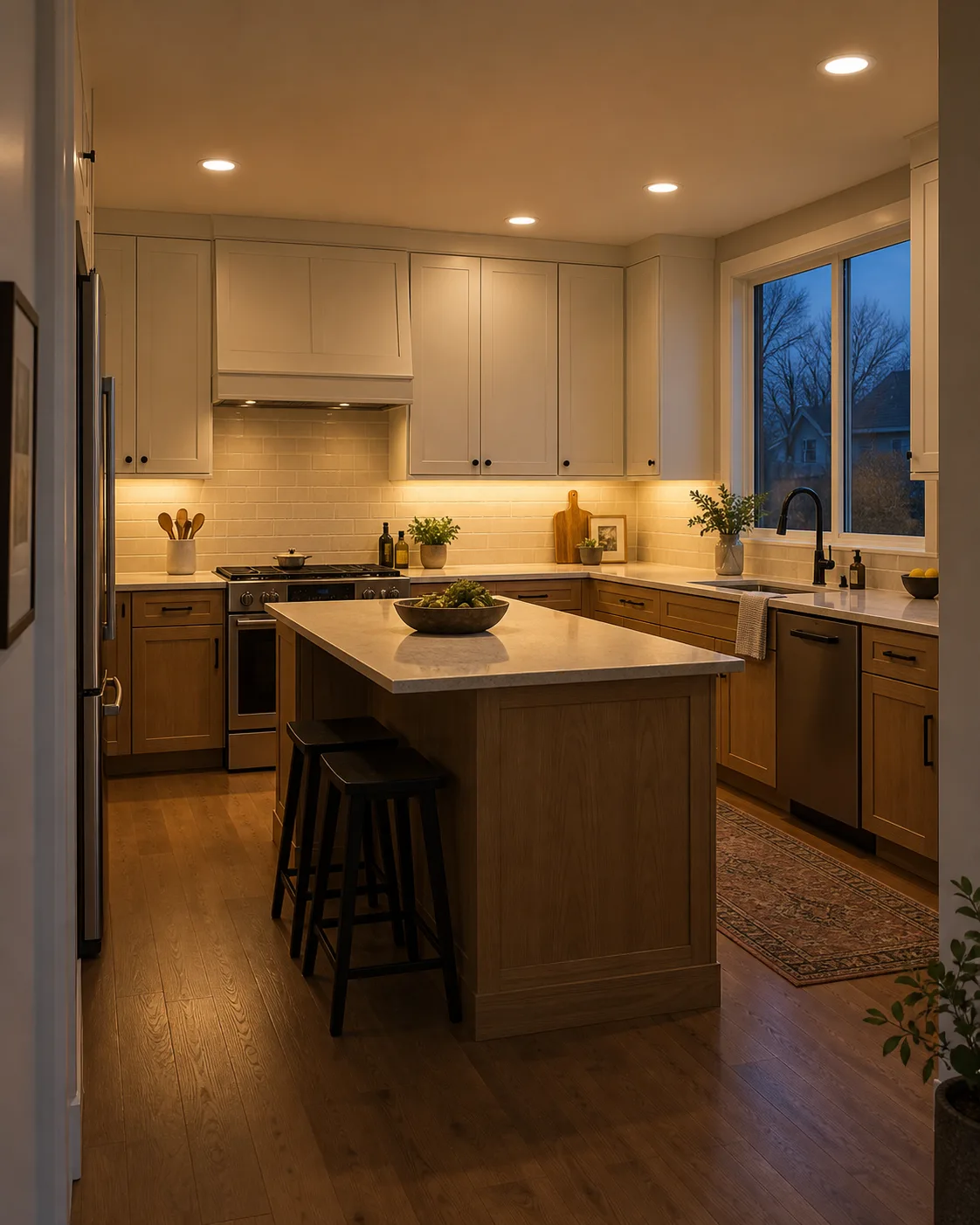Illustration: the same kitchen with recessed ceiling lights and under-cabinet lighting on.