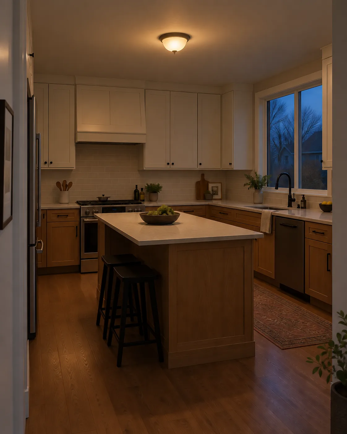 Illustration: a kitchen at dusk lit by one dim ceiling fitting, the counters in shadow.